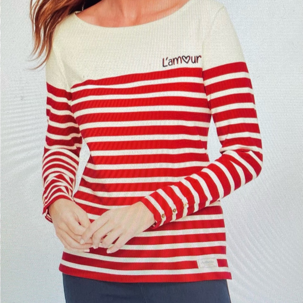 Talbots L’Amour Stripe Shirt, cotton jersey knit,  button detail Bateau neck